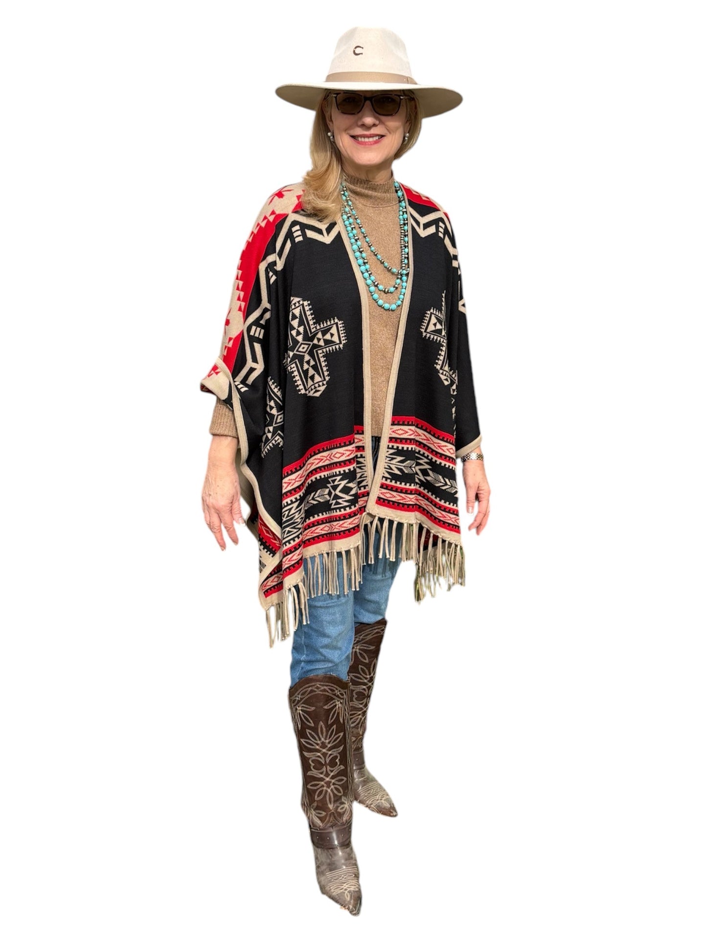 Southwest Reversible Shawl Wrap - Red/Tan/Black