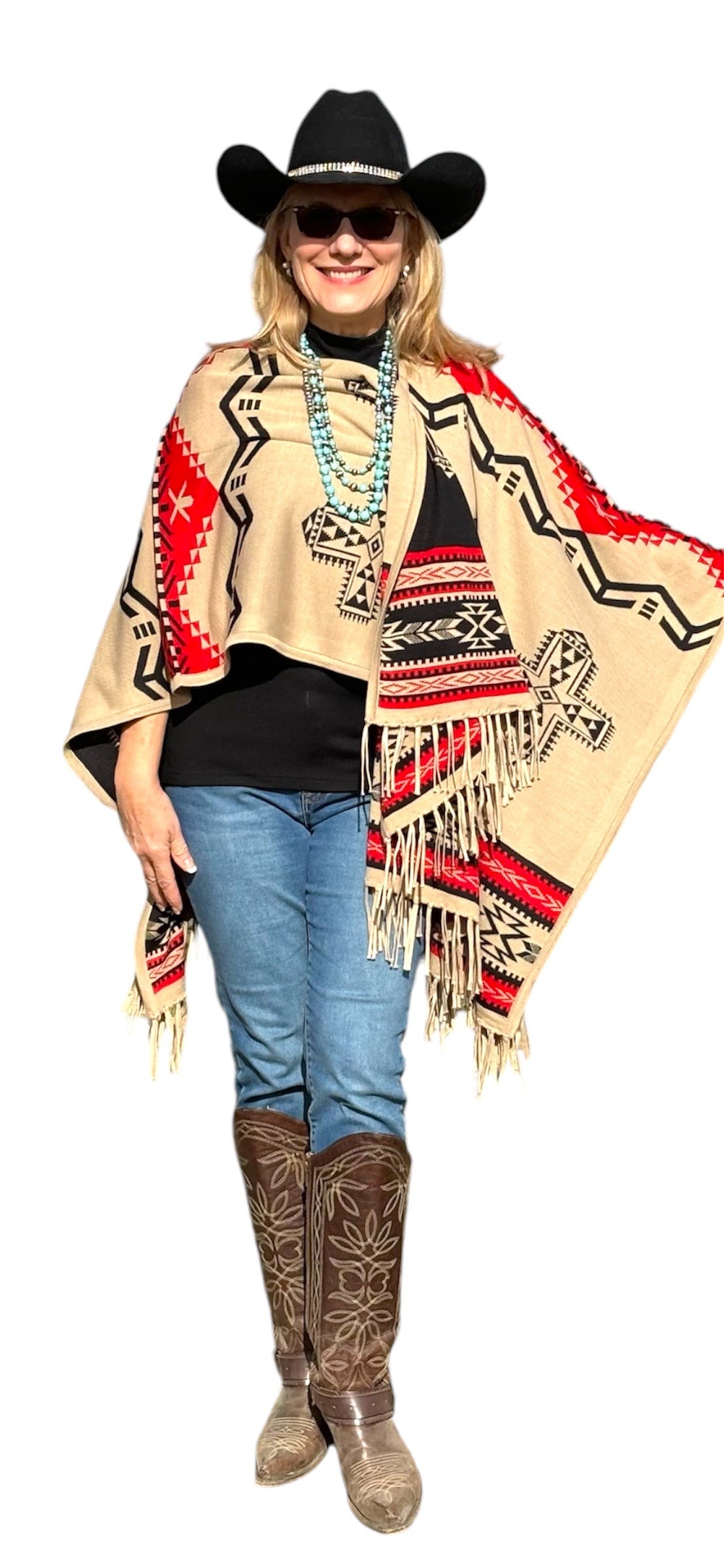 Southwest Reversible Shawl Wrap - Red/Tan/Black